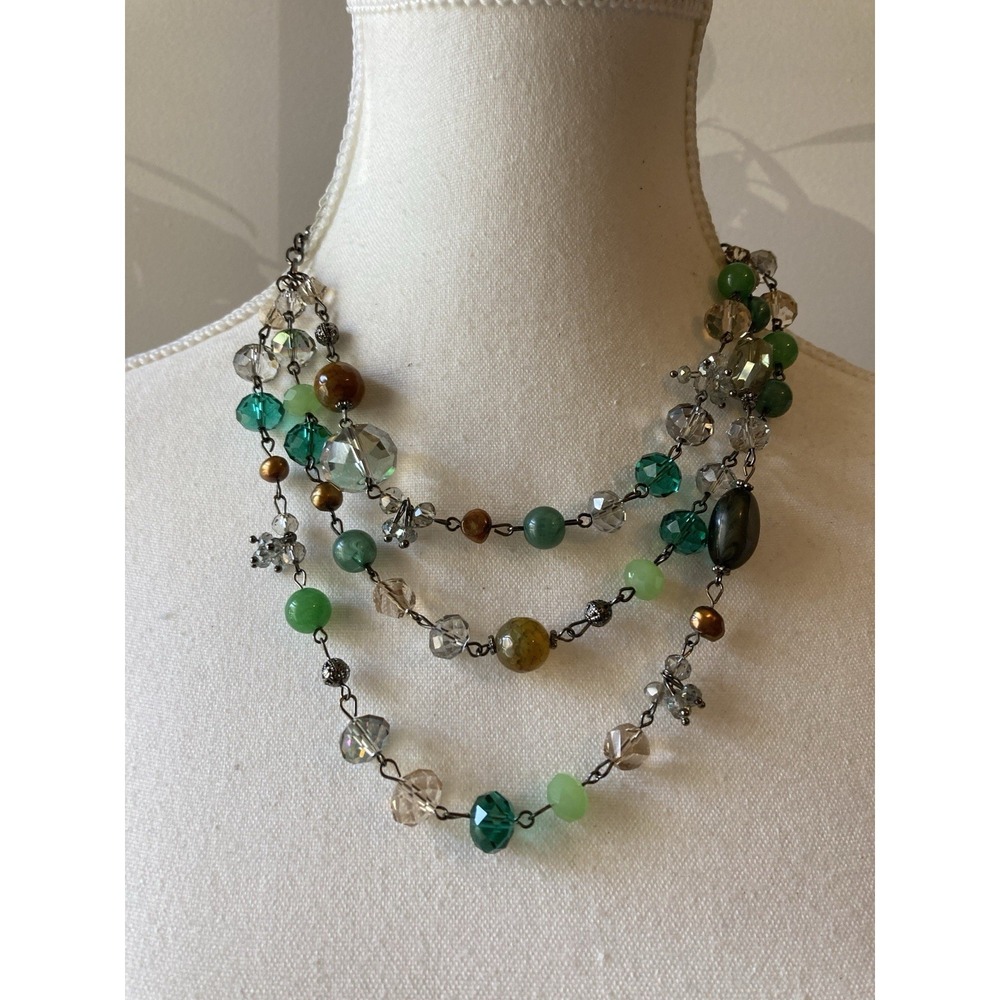 Green Crystal Bead Multi Strand Necklace AB Aurora Borealis Whimsical Fairy